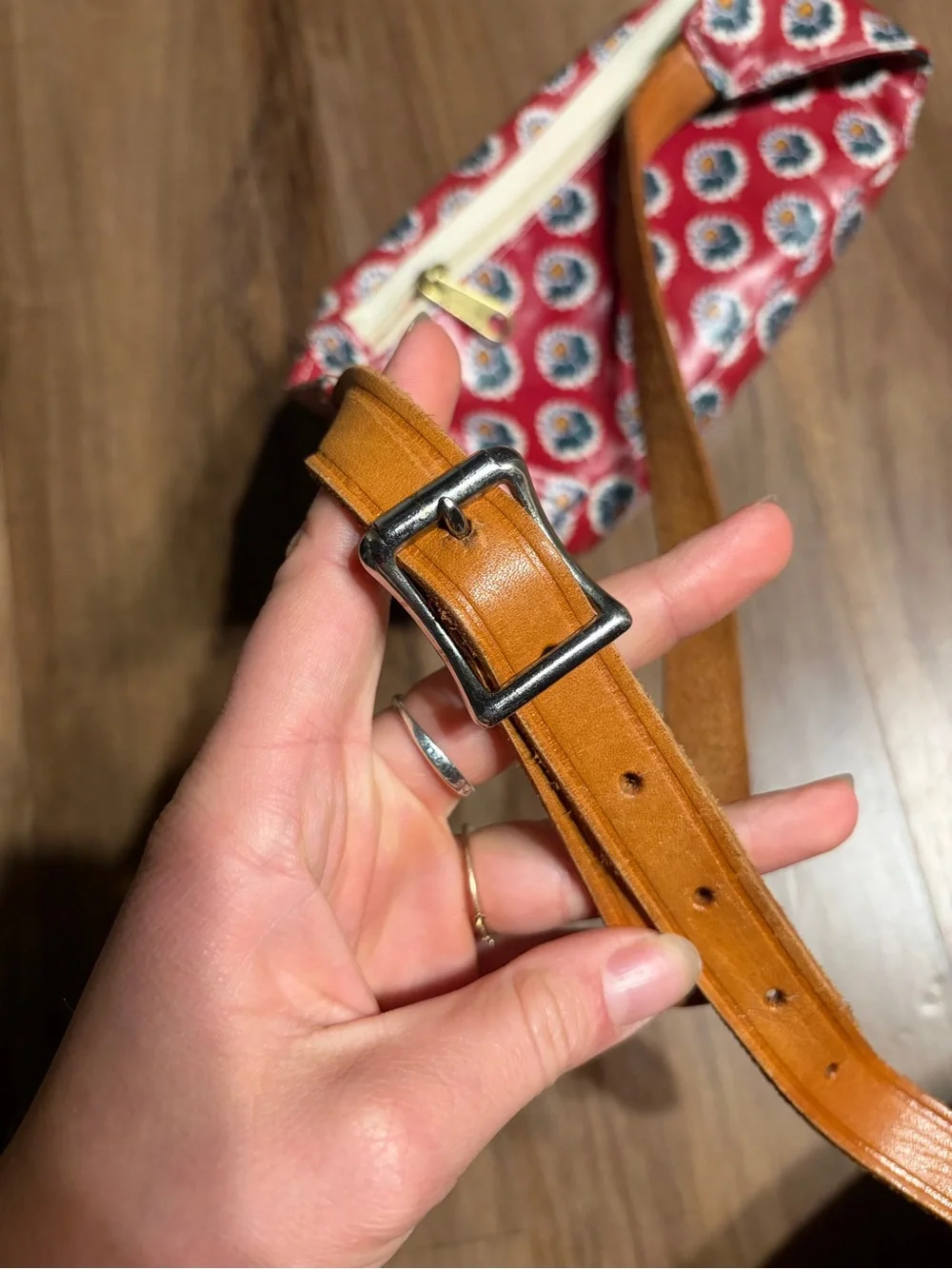Vintage Red Floral Crossbody Fanny Pack Waist Bag with Tan Leather Strap